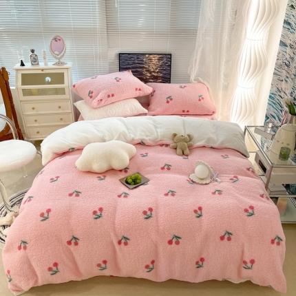 昔可家纺 2021新款泰迪羊羔绒印花四件套粉粉小樱桃