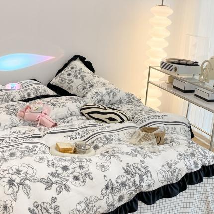 91家纺网 家纺一手货源 找家纺 昔可 2021新款黑色花边牛奶绒四件套 黑茶