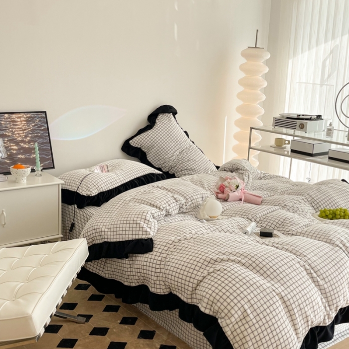 91家纺网 家纺一手货源 找家纺 （总）昔可 2021新款黑色花边牛奶绒四件套