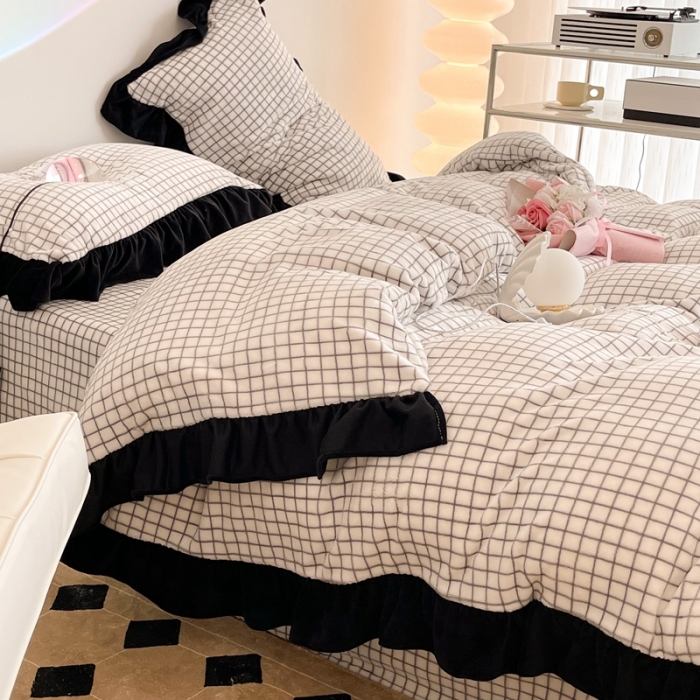 91家纺网 家纺一手货源 找家纺 （总）昔可 2021新款黑色花边牛奶绒四件套