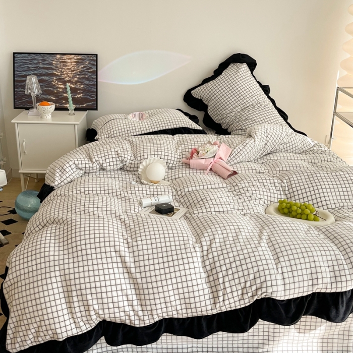 91家纺网 家纺一手货源 找家纺 （总）昔可 2021新款黑色花边牛奶绒四件套