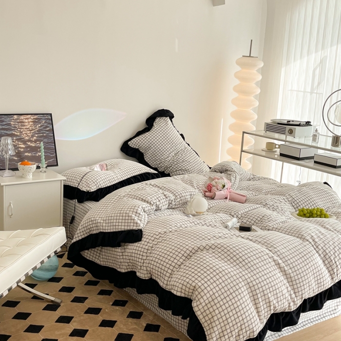 91家纺网 家纺一手货源 找家纺 （总）昔可 2021新款黑色花边牛奶绒四件套