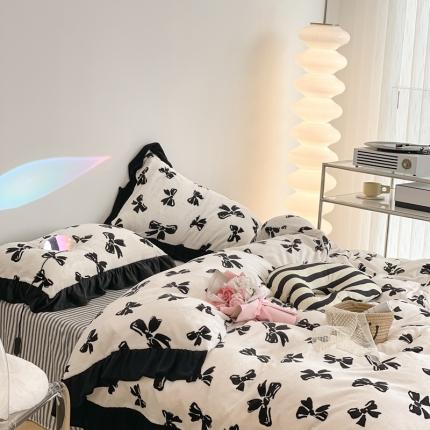 昔可 2021新款黑色花边牛奶绒四件套 赫本黑蝴蝶结