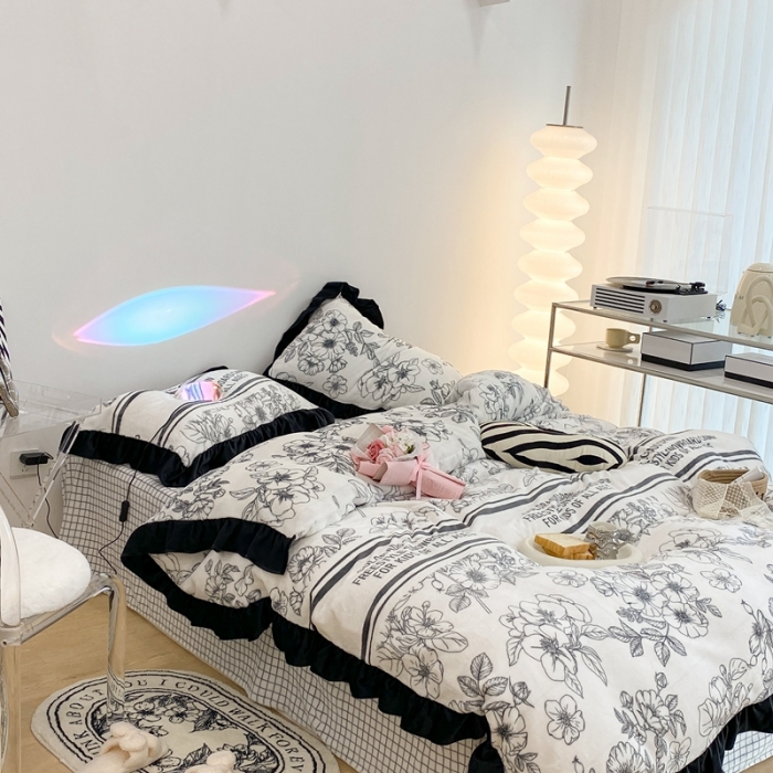 91家纺网 家纺一手货源 找家纺 昔可 2021新款黑色花边牛奶绒四件套 黑茶