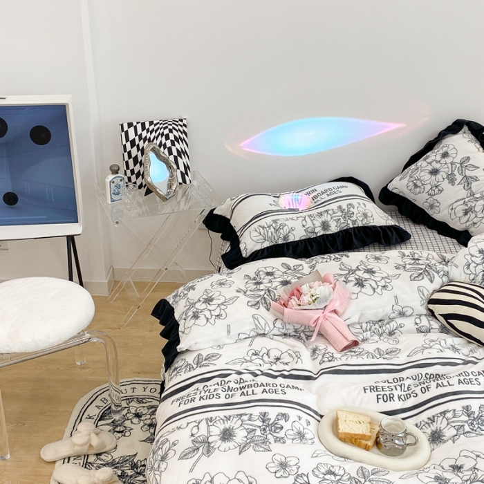 91家纺网 家纺一手货源 找家纺 昔可 2021新款黑色花边牛奶绒四件套 黑茶