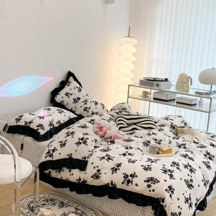 昔可 2021新款黑色花边牛奶绒四件套 小香黑花