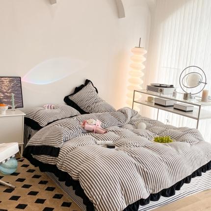 昔可 2021新款黑色花边牛奶绒四件套 灰竖条