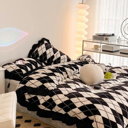 昔可 2021新款黑色花边牛奶绒四件套 香香菱格