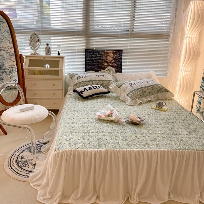 91家纺网 家纺一手货源 找家纺 昔可家纺 2021新款秋冬超仙牛奶宝宝绒床裙 小山茶 绿