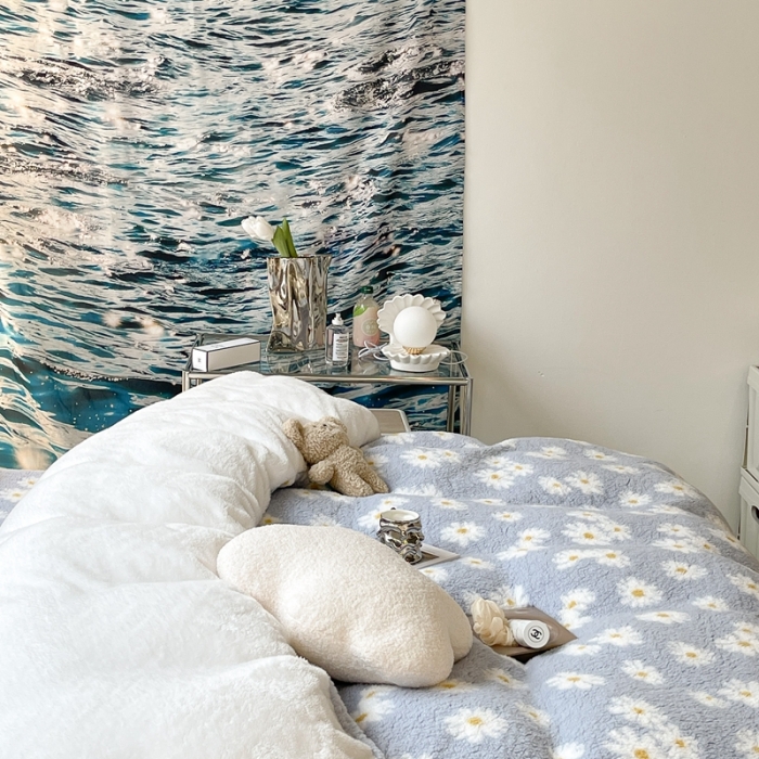 91家纺网 家纺一手货源 找家纺 昔可家纺 2021新款泰迪羊羔绒印花四件套浅蓝小雏菊