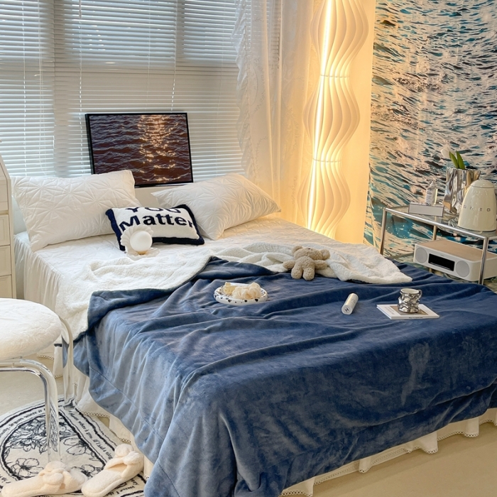 91家纺网 家纺一手货源 找家纺 昔可家纺 2021新款素色牛奶绒羊羔绒毛毯 琉璃蓝