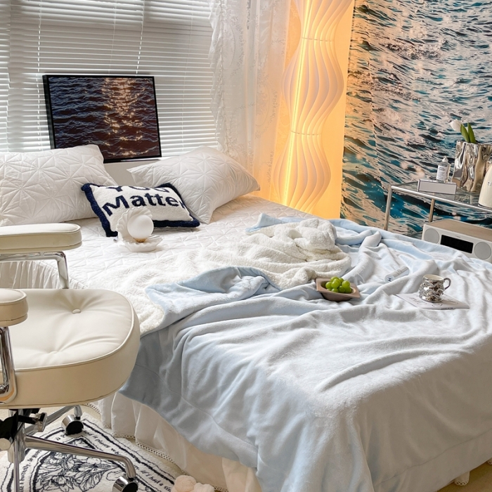 91家纺网 家纺一手货源 找家纺 昔可家纺 2021新款素色牛奶绒羊羔绒毛毯 奶油蓝