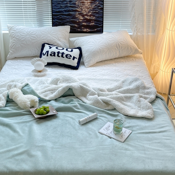 91家纺网 家纺一手货源 找家纺 昔可家纺 2021新款素色牛奶绒羊羔绒毛毯 奶油绿