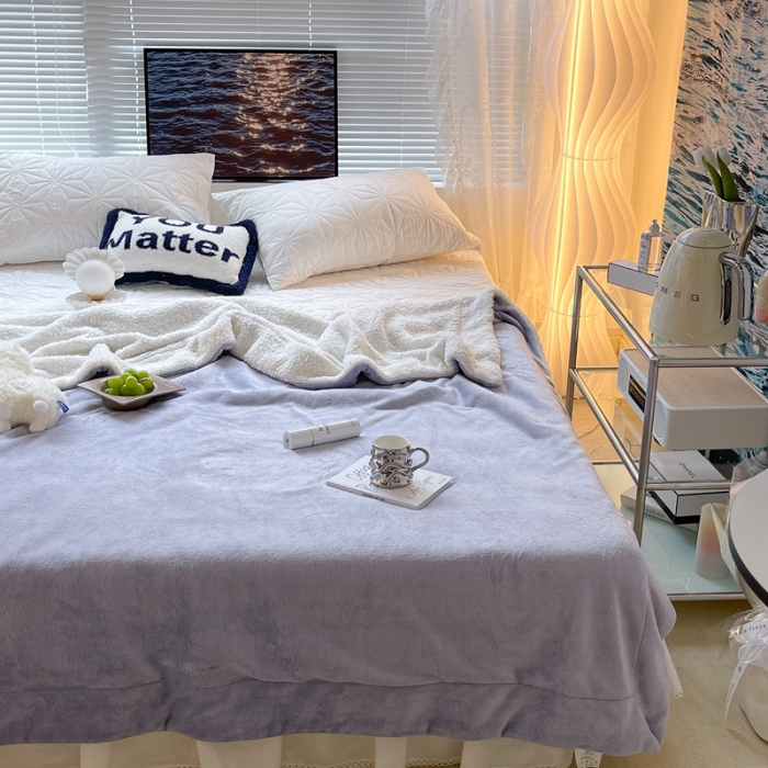 91家纺网 家纺一手货源 找家纺 昔可家纺 2021新款素色牛奶绒羊羔绒毛毯 奶油紫