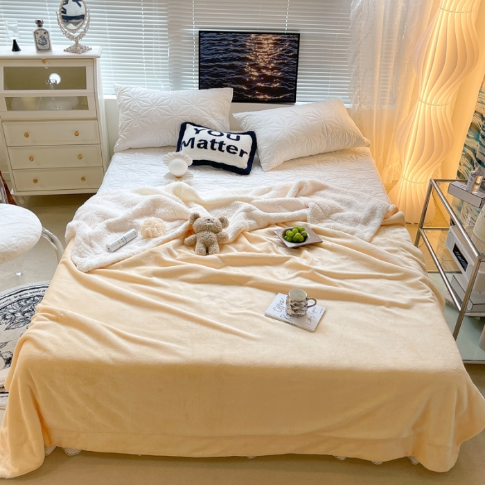 91家纺网 家纺一手货源 找家纺 昔可家纺 2021新款素色牛奶绒羊羔绒毛毯 芝士奶油黄