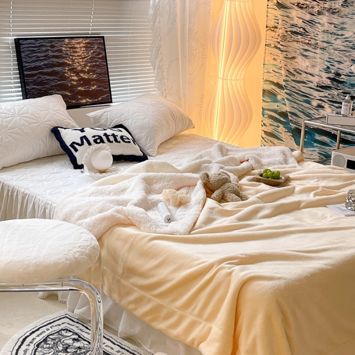 91家纺网 家纺一手货源 找家纺 昔可家纺 2021新款素色牛奶绒羊羔绒毛毯 芝士奶油黄