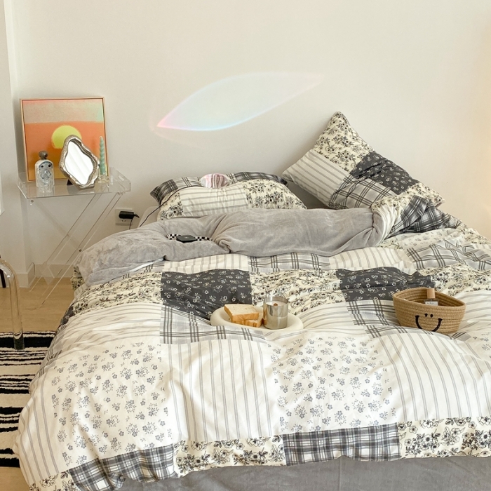 91家纺网 家纺一手货源 找家纺 昔可家纺 2021新款棉加牛奶绒四件套 浮绘花影