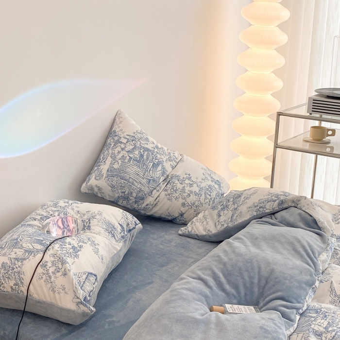 91家纺网 家纺一手货源 找家纺 昔可家纺 2021新款棉加牛奶绒四件套 水墨画