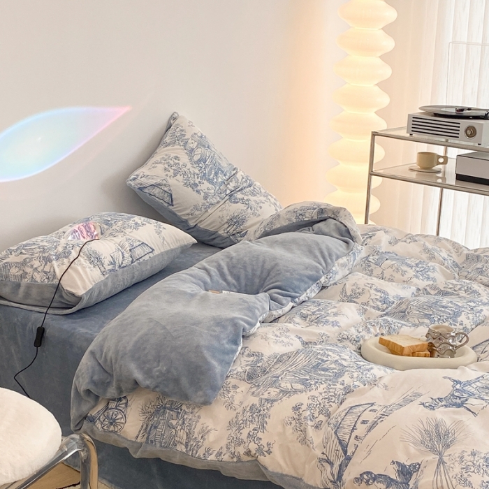 91家纺网 家纺一手货源 找家纺 昔可家纺 2021新款棉加牛奶绒四件套 水墨画