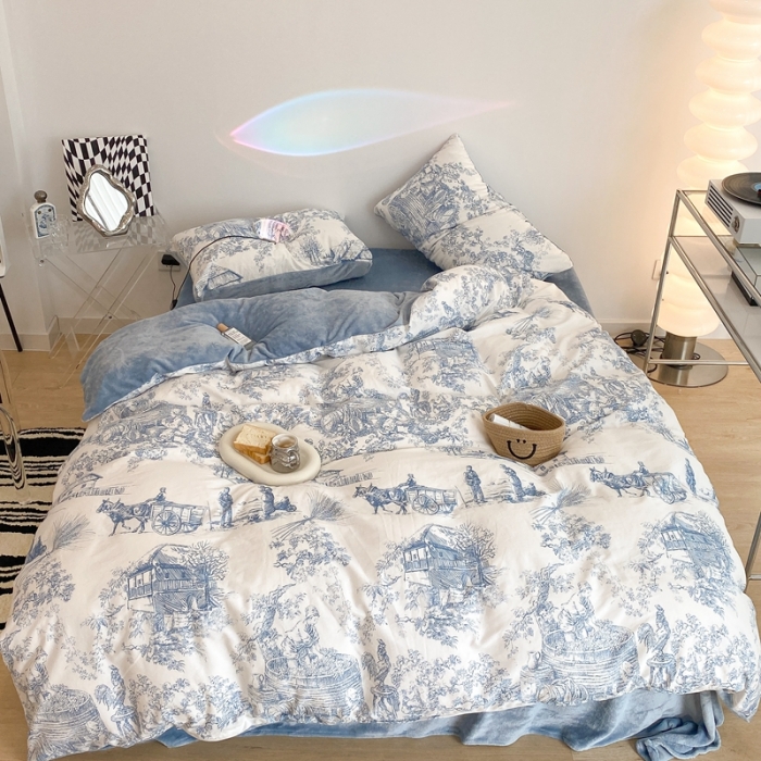 91家纺网 家纺一手货源 找家纺 昔可家纺 2021新款棉加牛奶绒四件套 水墨画