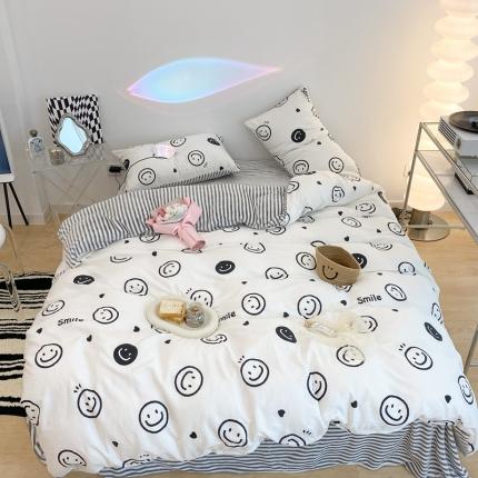 昔可家纺 2021新款棉加牛奶绒四件套 黑白笑脸