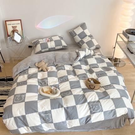 昔可家纺 2021新款棉加牛奶绒四件套 灰格熊