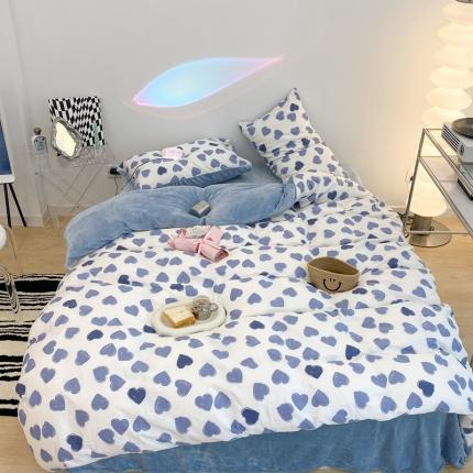 昔可家纺 2021新款棉加牛奶绒四件套 蓝色小爱心