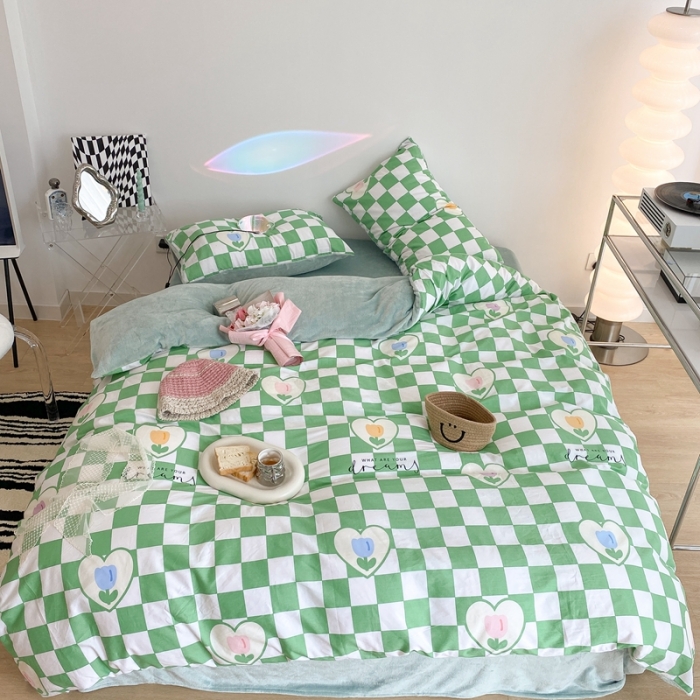 91家纺网 家纺一手货源 找家纺 昔可家纺 2021新款棉加牛奶绒四件套 绿格郁金香