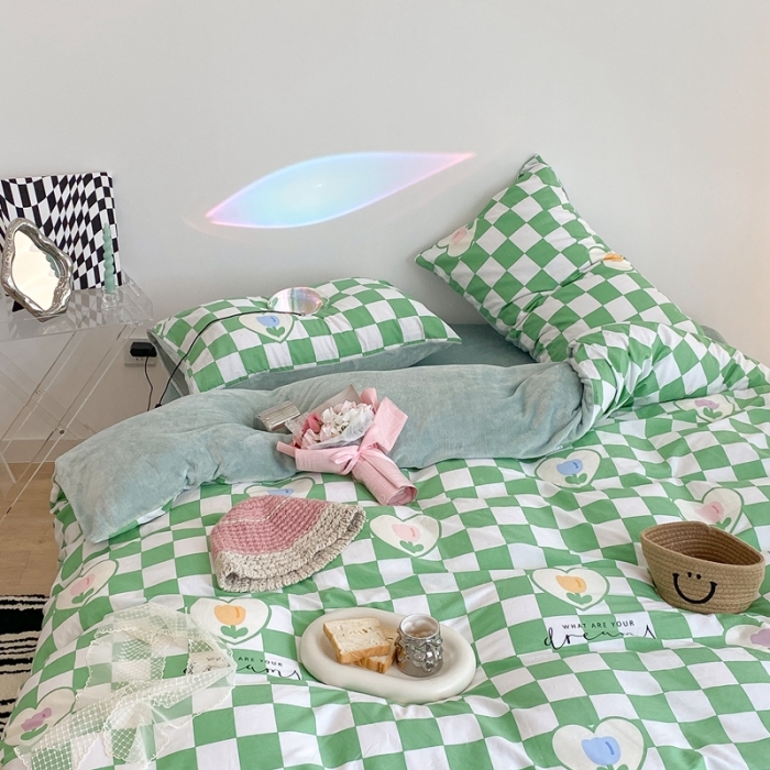 91家纺网 家纺一手货源 找家纺 昔可家纺 2021新款棉加牛奶绒四件套 绿格郁金香