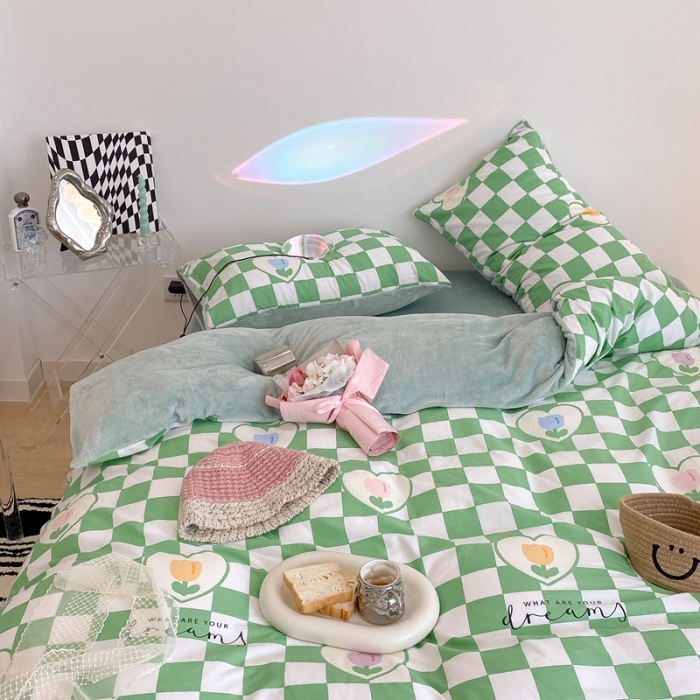 91家纺网 家纺一手货源 找家纺 昔可家纺 2021新款棉加牛奶绒四件套 绿格郁金香