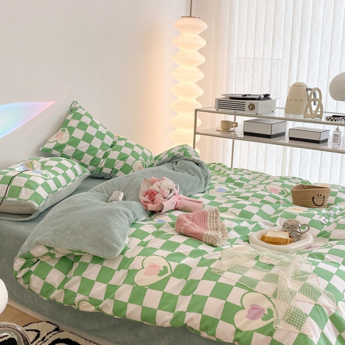 91家纺网 家纺一手货源 找家纺 昔可家纺 2021新款棉加牛奶绒四件套 绿格郁金香