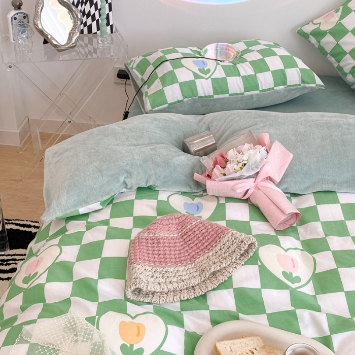 91家纺网 家纺一手货源 找家纺 昔可家纺 2021新款棉加牛奶绒四件套 绿格郁金香