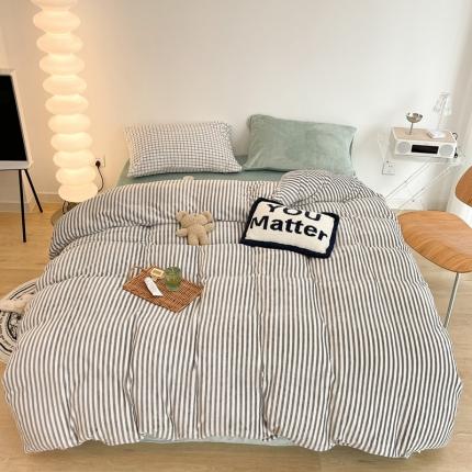 昔可家纺 2021新款撞色牛奶绒四件套 灰条纹