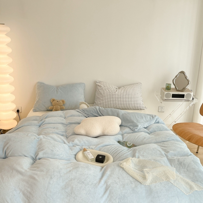 91家纺网 家纺一手货源 找家纺 昔可家纺 2021新款撞色牛奶绒四件套 奶油蓝