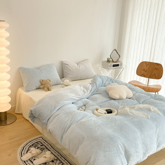 91家纺网 家纺一手货源 找家纺 昔可家纺 2021新款撞色牛奶绒四件套 奶油蓝