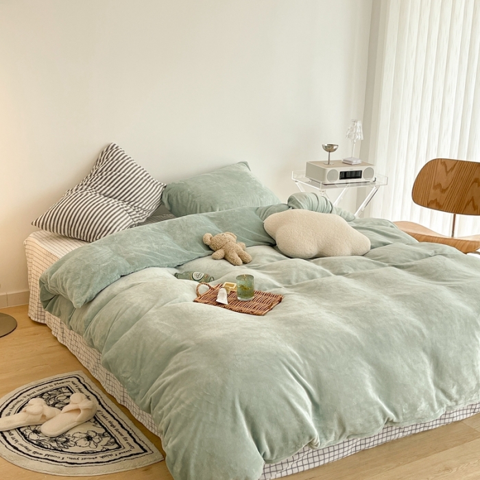 91家纺网 家纺一手货源 找家纺 昔可家纺 2021新款撞色牛奶绒四件套 奶油绿