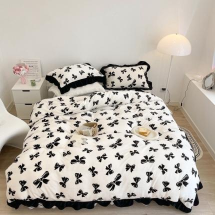 91家纺网 家纺一手货源 找家纺 昔可家纺 2021新款黑色花边牛奶绒四件套 赫本黑蝴蝶结