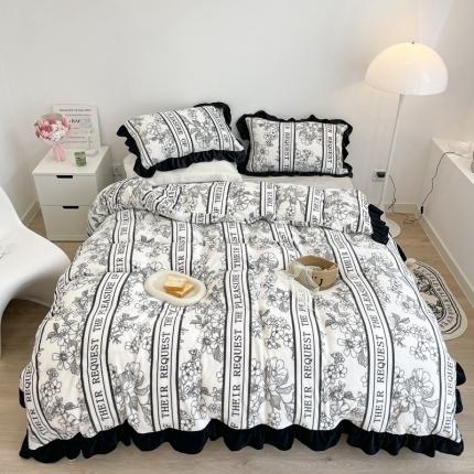 91家纺网 家纺一手货源 找家纺 昔可家纺 2021新款黑色花边牛奶绒四件套 优雅生活