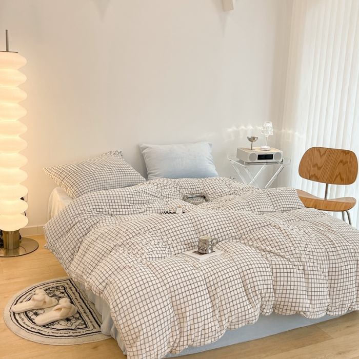 91家纺网 家纺一手货源 找家纺 昔可家纺 2021新款撞色牛奶绒四件套 小白格