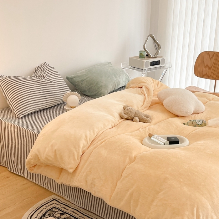 91家纺网 家纺一手货源 找家纺 昔可家纺 2021新款撞色牛奶绒四件套 芝士奶油黄