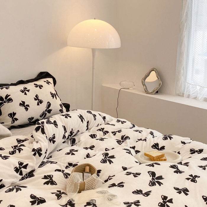 91家纺网 家纺一手货源 找家纺 昔可家纺 2021新款黑色花边牛奶绒四件套 赫本黑蝴蝶结