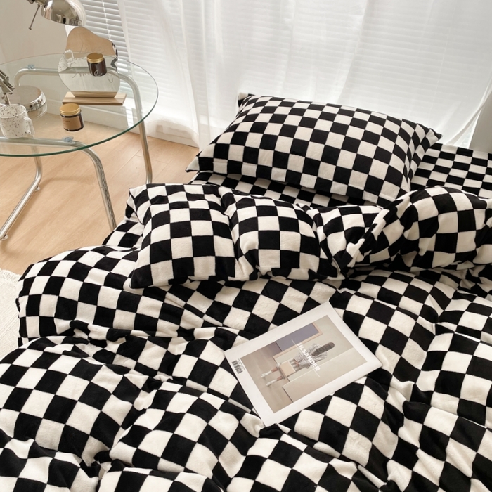 91家纺网 家纺一手货源 找家纺 （总）昔可家纺 2021新款牛奶绒棋盘格四件套