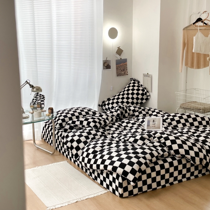 91家纺网 家纺一手货源 找家纺 （总）昔可家纺 2021新款牛奶绒棋盘格四件套