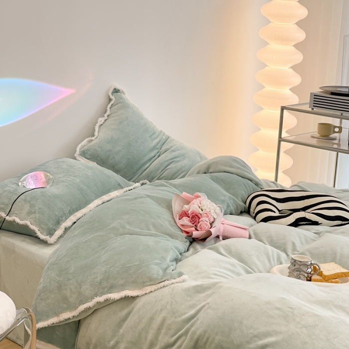 91家纺网 家纺一手货源 找家纺 昔可家纺 2021新款小香香风牛奶绒四件套 小香薄荷绿