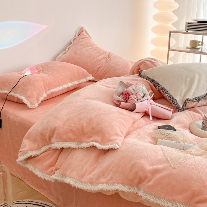 91家纺网 家纺一手货源 找家纺 昔可家纺 2021新款小香香风牛奶绒四件套 小香蜜桃粉