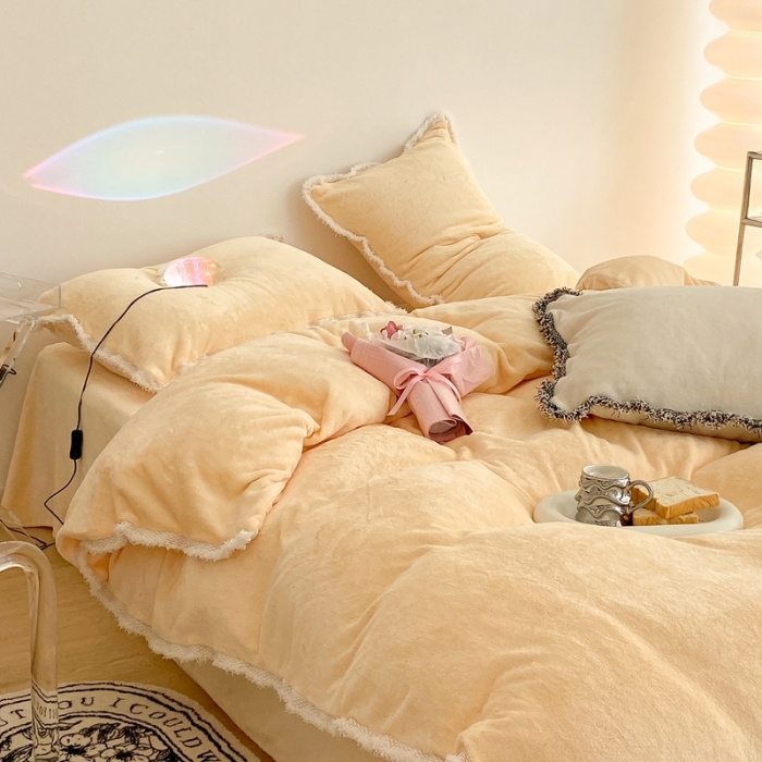 91家纺网 家纺一手货源 找家纺 昔可家纺 2021新款小香香风牛奶绒四件套 小香奶油黄