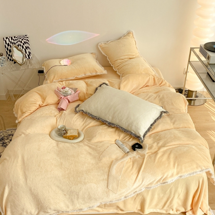 91家纺网 家纺一手货源 找家纺 昔可家纺 2021新款小香香风牛奶绒四件套 小香奶油黄