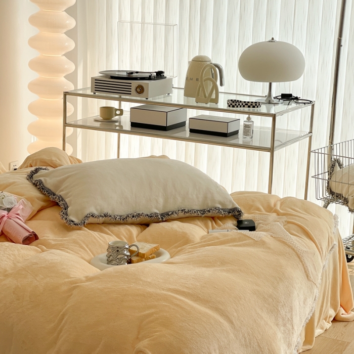 91家纺网 家纺一手货源 找家纺 昔可家纺 2021新款小香香风牛奶绒四件套 小香奶油黄