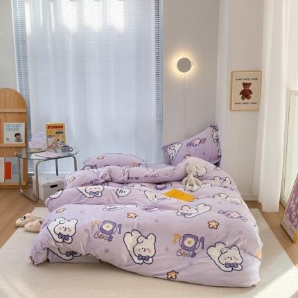 91家纺网 家纺一手货源 找家纺 昔可家纺  2021新款牛奶绒四件套第二组图 梦幻紫兔兔