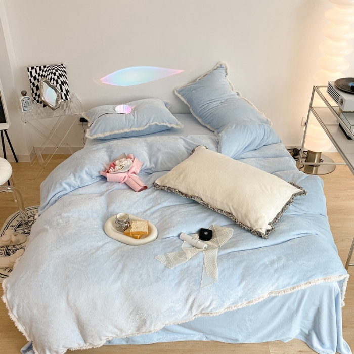 91家纺网 家纺一手货源 找家纺 昔可家纺 2021新款小香香风牛奶绒四件套 小香奶油蓝
